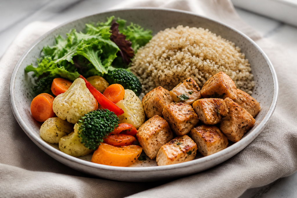 Assiette equilibree garnie de legumes proteines et cereales