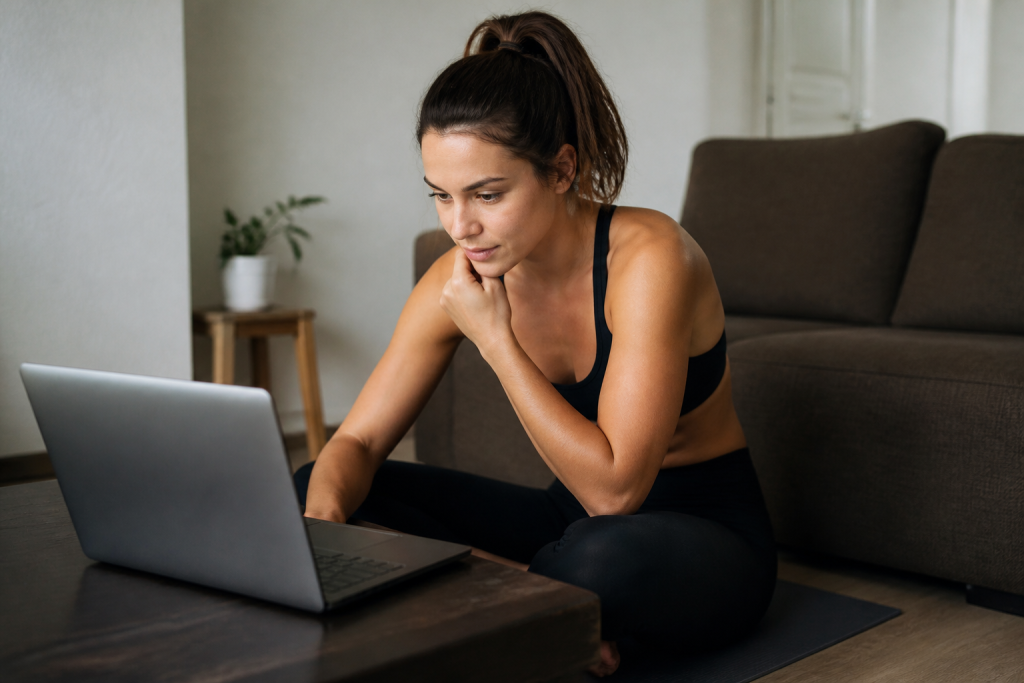 Femme en tenue de sport consultant un ordinateur portable