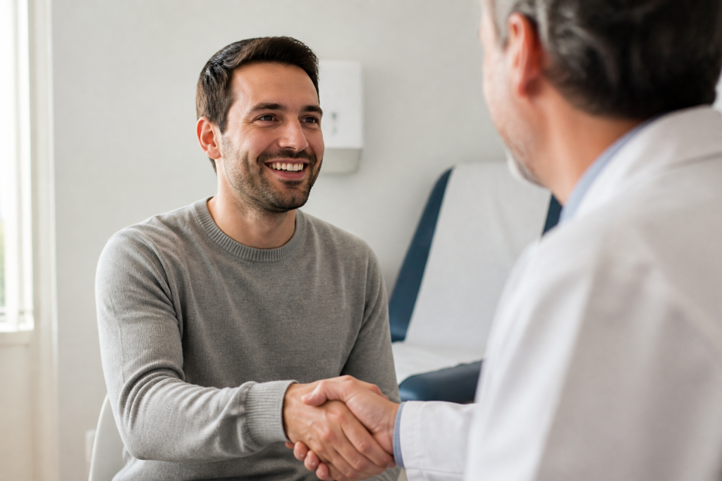 Patient souriant serrant la main du praticien en blouse